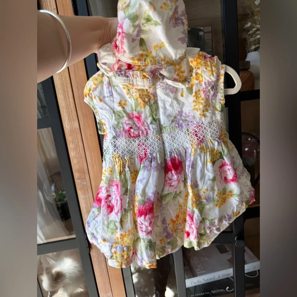 Vintage 2008 GAP smock set dress hat baby girl floral easter swiss dot ruffle